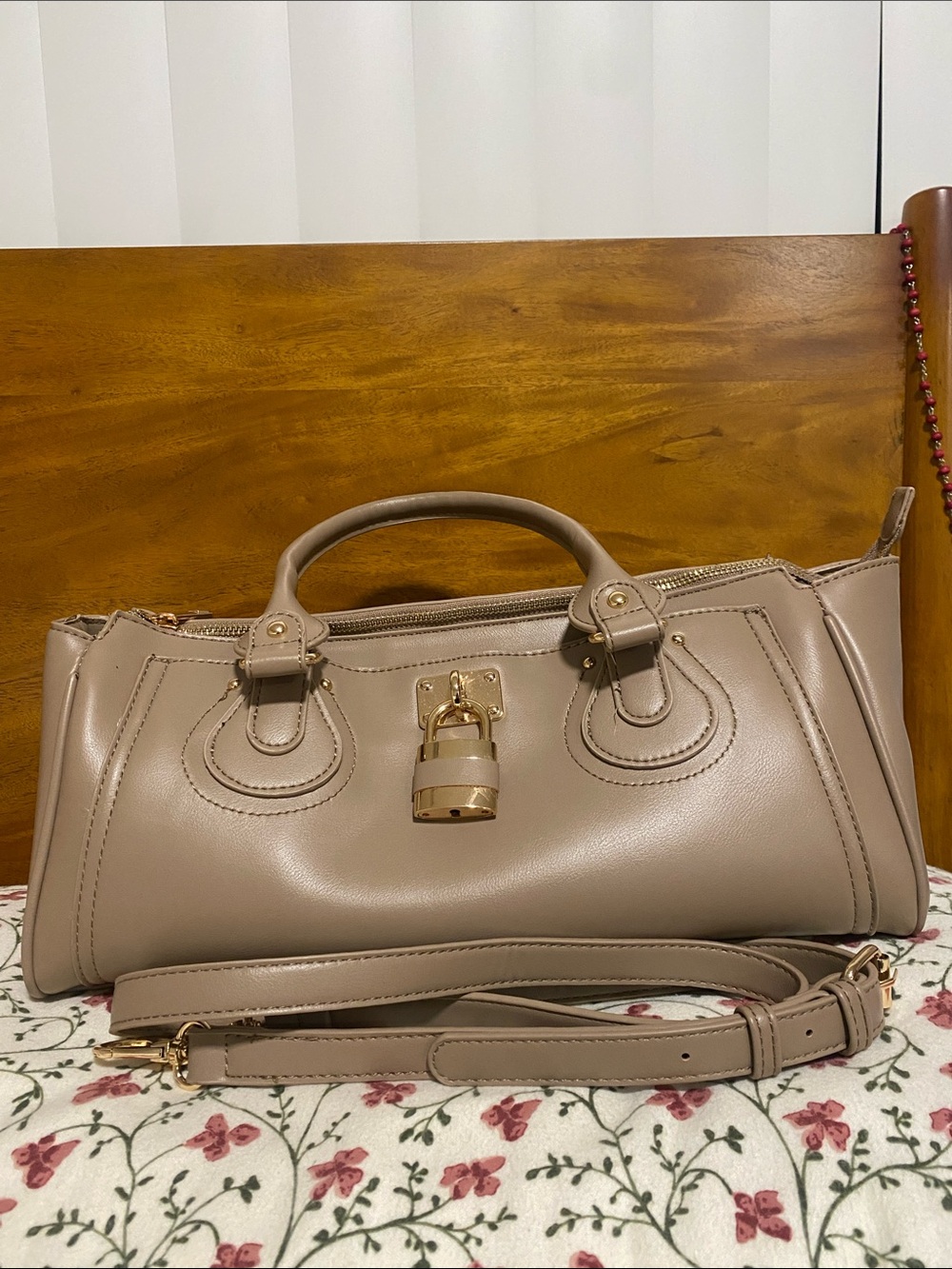 Taupe Leather Satchel with Gold Lock Detail